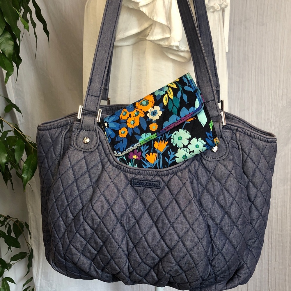 VERA BRADLEY Glenna gray quilted tote satchel & Midnight Blue floral wallet
